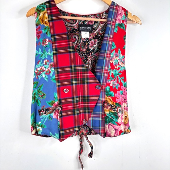 VTG 90s Carole Little Patchwork Vest 4 Plaid Holiday Floral Cottage Retro Button - Picture 1 of 10